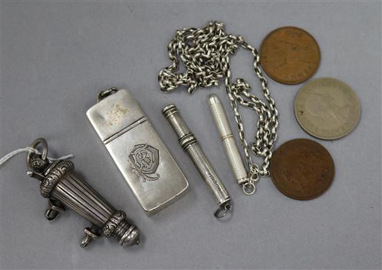 A riflemans light infantry whistle, vesta, two silver pencils and three coins